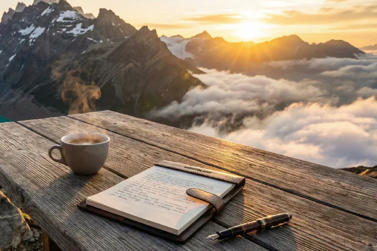 Notatbok og kaffe på hyttebord med fjellpanorama i bakgrunnen
